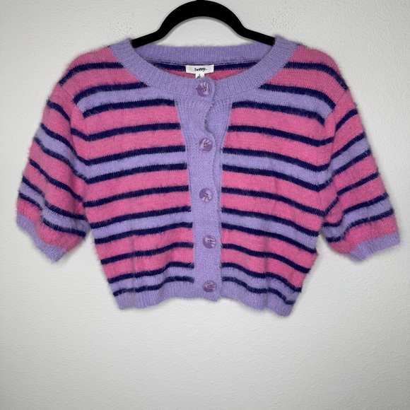 beivy Sweaters - Beivy Short Sleeve Button Down Stripe Purple and Pink Eyelash Knit Sweater Small